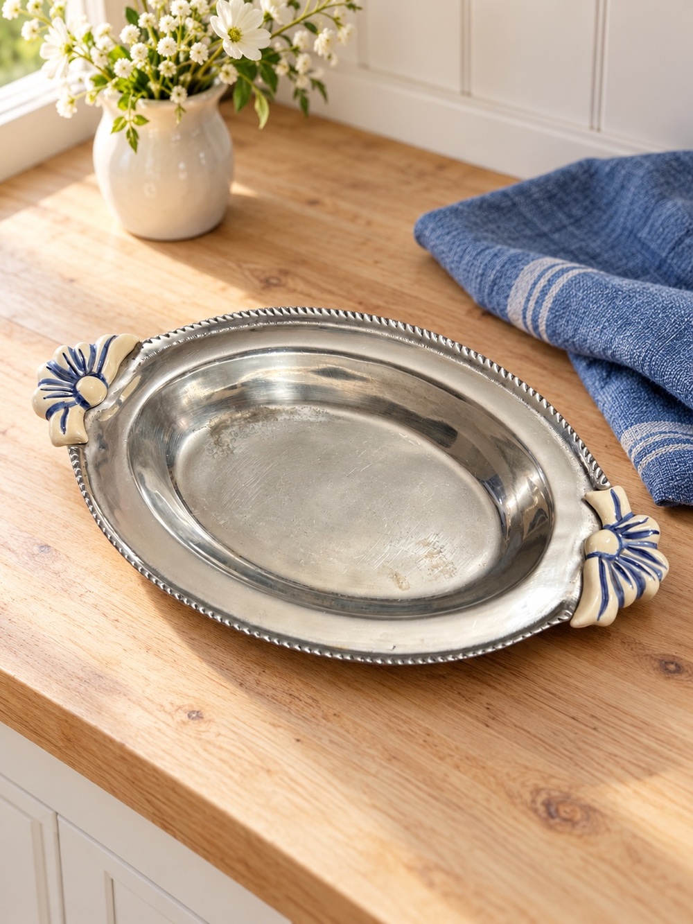 Mexican Oval Bowl with Blue & White Ceramic Bow Handles